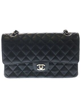 Chanel Quilted 25 Double Flap Chain Shoulder Bag Caviar Leather Silver Black